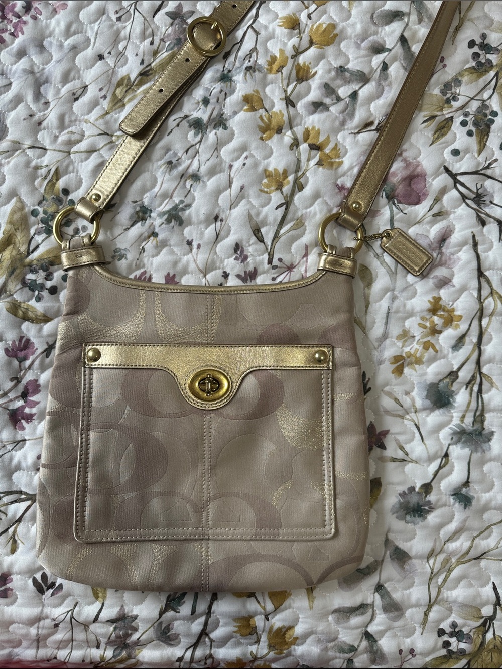 Coach Beige and Metallic Gold Signature Crossbody Bag